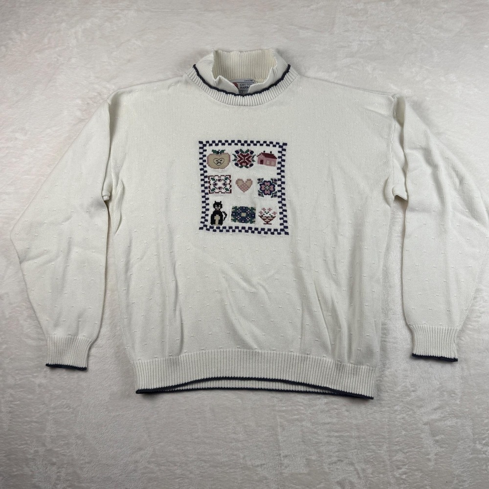 Cotton Harbor Womens M Cream Cottagecore Knit Sweater Embroidered Mock Neck‎